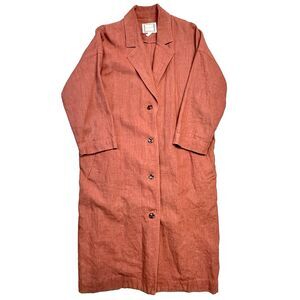 mo: vint Brick Red Linen Trench‎ Coat Duster Neutral Classic French Timeless XS